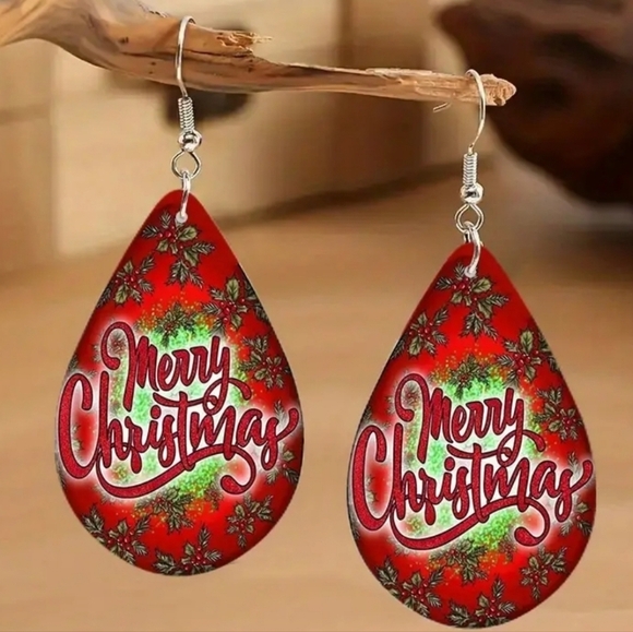 Whimsical Merry Christmas Teardrop Wooden Drop Dangle Earrings - Picture 1 of 5